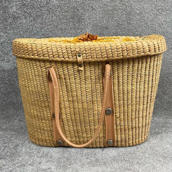 VTG Handmade Ornate Wicker Leather Handles Large Handbag Basket Metal Clasp - Picture 6 of 8